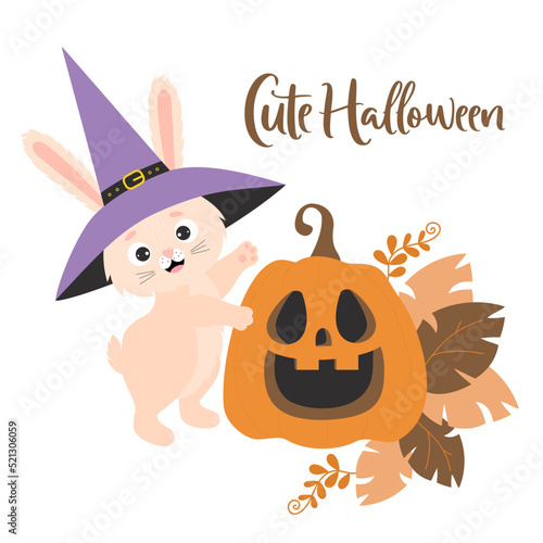 Cute Halloween. Funny rabbit in witchs hat with pumpkin Jack lantern. Vector illustration. Festive halloween bunny character for design, print, greeting cards, kids collection, decor.