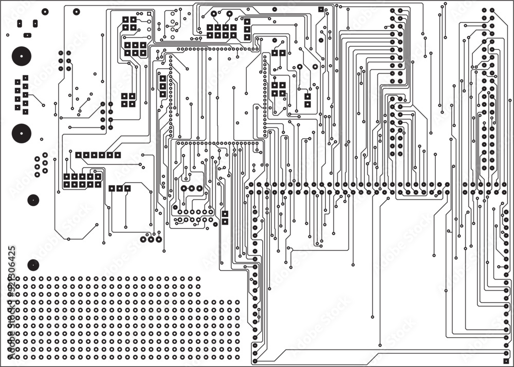 Tracing a multilayer printed circuit board. The bottom layer of printed conductors. Vector drawing of printed tracks, transition holes and copper contact pads.