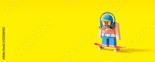 Colorful modern character with a mustache and headphones rides a skateboard on yellow background 3d render 3d illustration