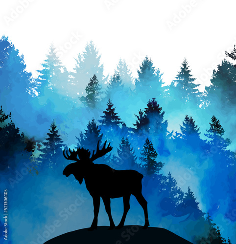 Silhouette. Elk with big horns on the background of Canadian fir trees. The nature of Canada, USA, Scandinavia and Europe. Realistic vector landscape.