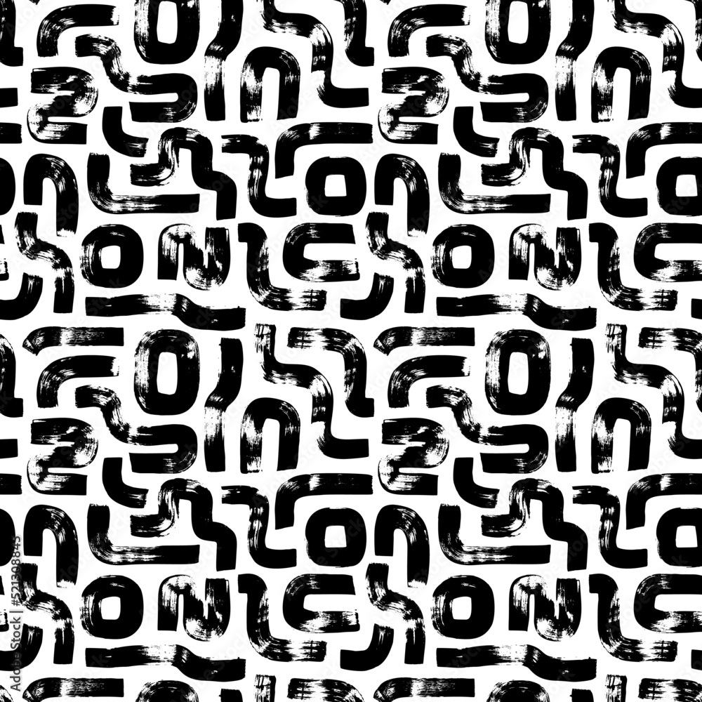Hand drawn geometric shapes seamless pattern. Modern stylish texture. Square circle, curved round lines. Black wide brush strokes. Geometric motifs in retro style of 60s and 70s. Ink illustration Hand drawn geometric shapes seamless pattern. Modern stylish texture. Square circle, curved round lines. Black wide brush strokes. Geometric motifs in retro style of 60s and 70s. Ink illustration