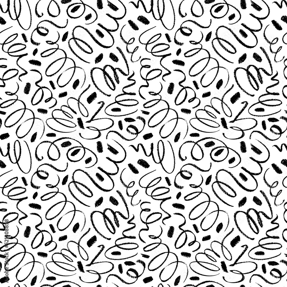 Simple swirled thin lines with dots vector seamless pattern. Simple childish scribble backdrop. Charcoal and pencil texture curved strokes. Black curved thin lines. Stylish monochrome doodles