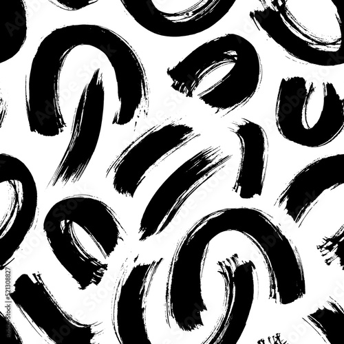 Semi circles brushstrokes vector seamless pattern. Round lines grunge texture. Hand drawn black and white geometric ornament with halved circles. Hand painted bold brush strokes abstract background 