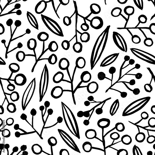 Outlined berries with stems and leaves seamless pattern. Doodled botany plants seamless repeat ornament. Merry Christmas, Happy New Year pattern with branches, leaves, berries. Various vector elements