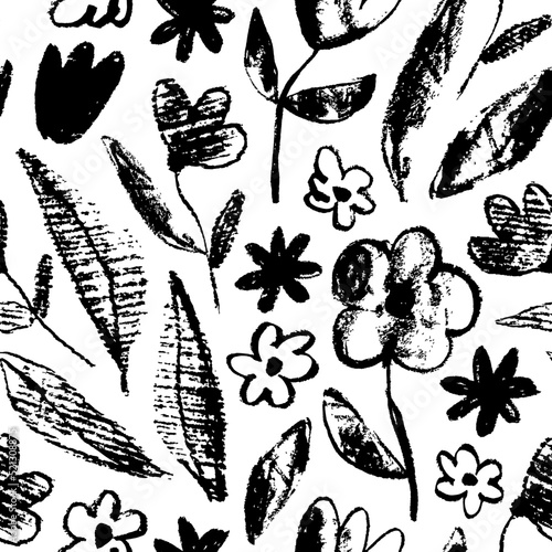 Vector seamless pattern with black flower imprints. Botanical grunge ornament with floral motif. Monochrome pattern of abstract meadow flowers with stems. Grunge dry charcoal texture