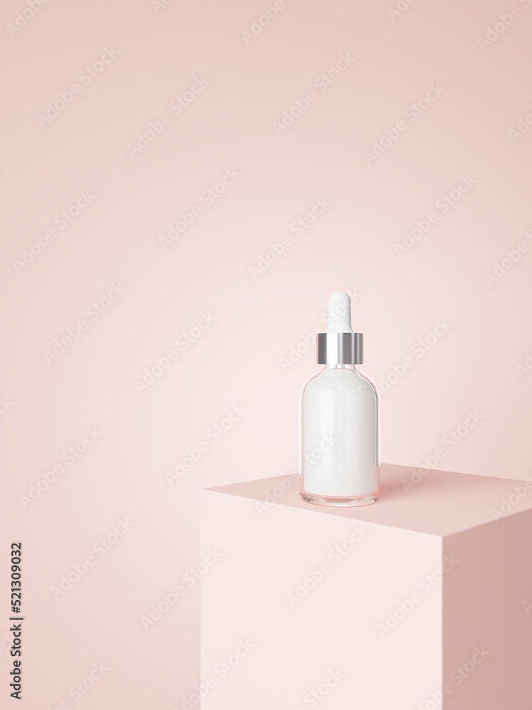 Cosmetic serum dropper bottle on podium with pastel pink background 3D render, care product packaging and branding Cosmetic serum dropper bottle on podium with pastel pink background 3D render, care product packaging and branding