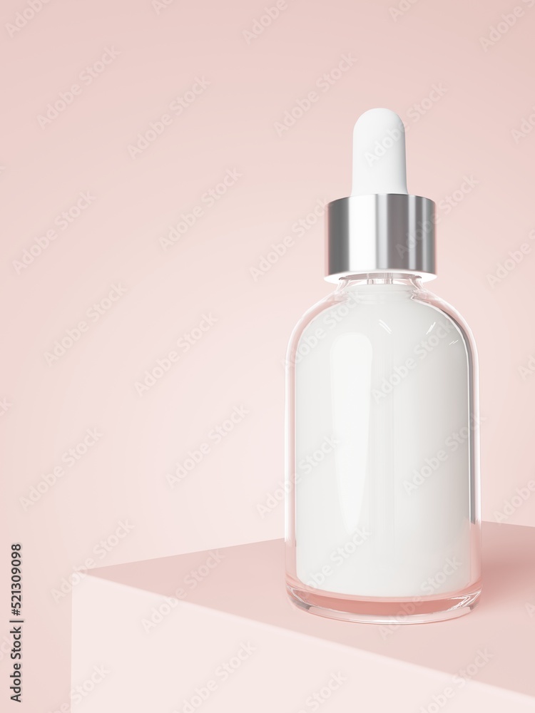 Cosmetic serum dropper bottle on podium with pastel pink background 3D render, care product packaging and branding Cosmetic serum dropper bottle on podium with pastel pink background 3D render, care product packaging and branding