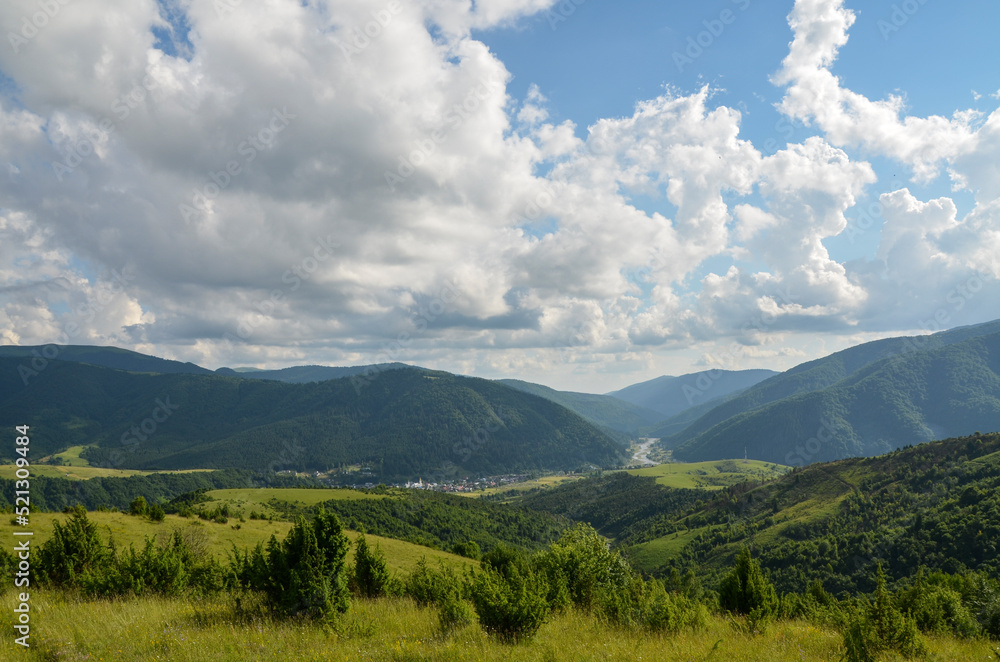 View of the green forest and grassy meadows of the hillside with the mountain village Kolochava in the valley on a cloudy summer day. Carpathian Mountains, Ukraine