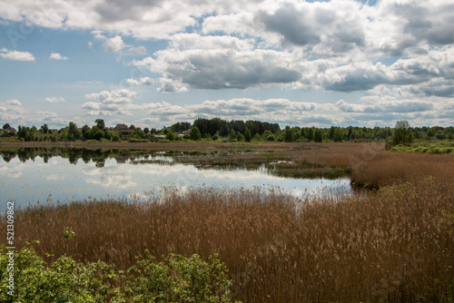 Beautiful rural landscape, lake, sky with clouds. belarus.