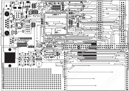 Tracing a difficult multilayer printed circuit board. The top layer of printed conductors. Vector drawing of printed tracks, transition holes, contact pads and copper metallization areas. Silkscreen.