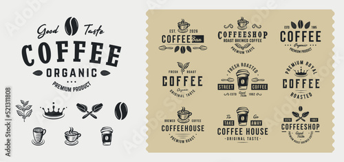 Vintage Coffee logo set. Set of 10 coffee logo templates and 7 design elements for Cafe, Restaurant, Coffee Shop emblems and posters. Vector illustration
