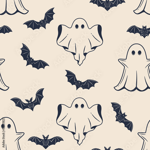 Halloween Background. Halloween seamless pattern. Vintage ghosts with bat silhouettes isolated on white background. Vector illustration