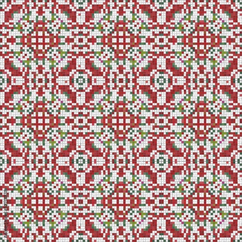 Seamless Christmas poinsettia cross stitch pattern. Decorative ornament in seasonal red for embroidered December holiday background. Winter botanical vintage scandi repeat tile. 