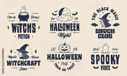 Halloween vintage emblems. Witch's, Pumpkin, Ghost emblems. Halloween label, badges designs. Retro prints for T-shirt, typography. Vector illustration