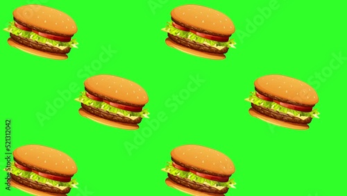 Burger falling from the sky with green screen background. Seamless video, Burger animation. Abstract animation of animated Burger falling on the screen