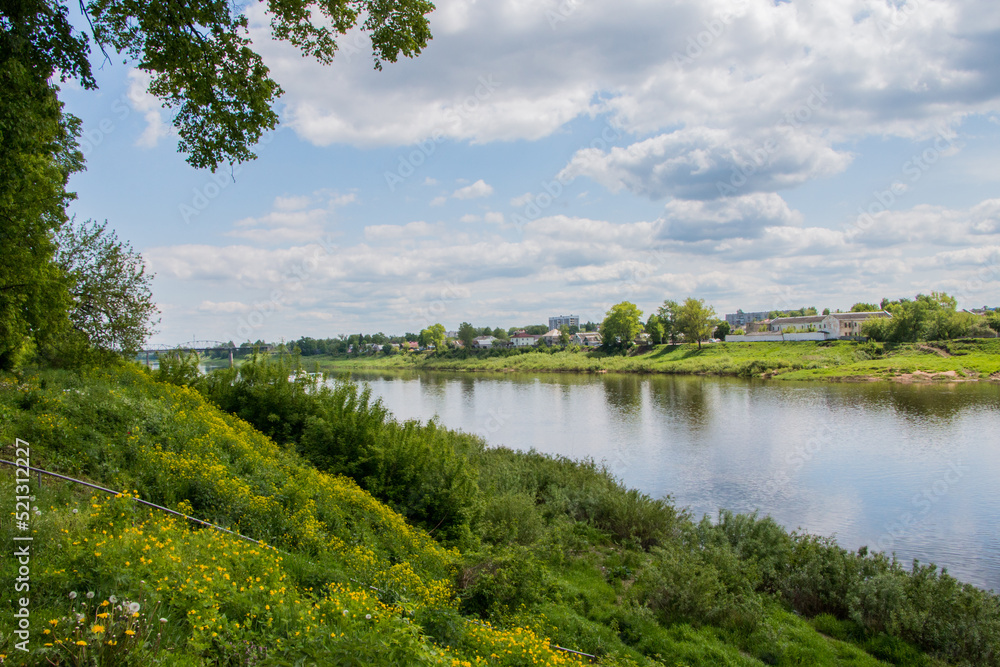 Western Dvina river in the city of Polotsk. Belarus. Beautiful summer landscape.