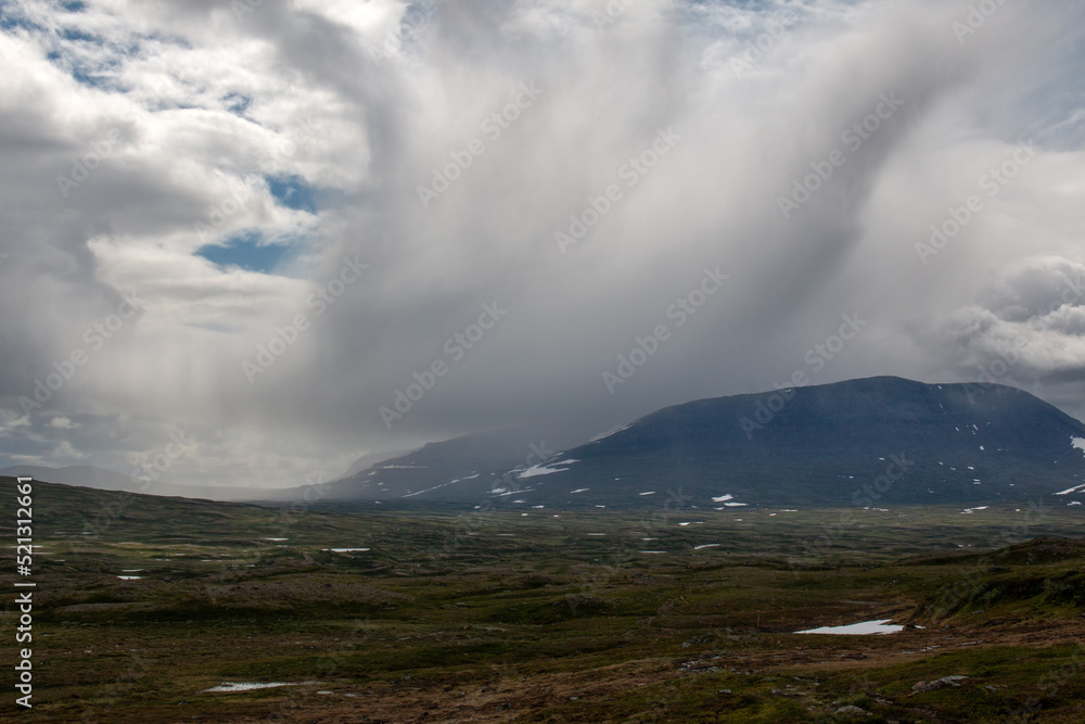 Rain storms around the hiking trail between Sylarna and Helags mountain stations, Jamtland, Sweden