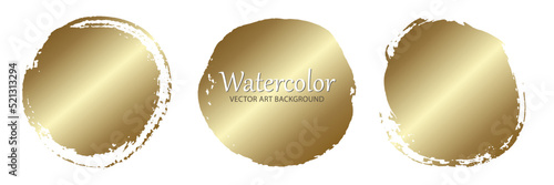 Gold brushstroke. Set of vector template for design. Stain of metallic paint on a black background. Sticker, flyer. Hand drawn golden texture. Gold paint. Luxury backdrop. Empty blank for text.