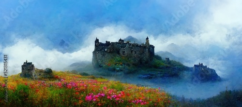Explore imaginative Scottish castles and ruins in dreamy surrealism  scenic background mountain landscapes in cloudy emotive fog. Enchanted lands and fantasy colors - digital paint stylization series.