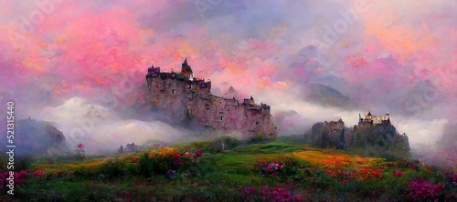 Explore imaginative Scottish castles and ruins in dreamy surrealism  scenic background mountain landscapes in cloudy emotive fog. Enchanted lands and fantasy colors - digital paint stylization series.