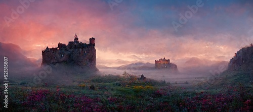 Explore imaginative Scottish castles and ruins in dreamy surrealism, scenic background mountain landscapes in cloudy emotive fog. Enchanted lands and fantasy colors - digital paint stylization series.