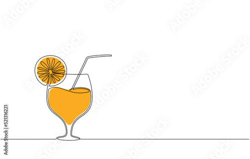 Continuous line drawing of long drink of lemon vodka in front of white background.
Orange juice in a glass with lemon wedges on the glass. Glass of orange drink and lemon slices in doodle style