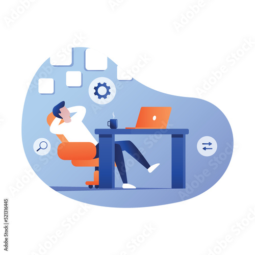 Relax worker sitting and dreaming at his office, flat vector design.