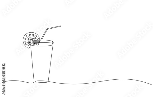 Continuous line drawing of long drink of lemon vodka in front of white background.
Orange juice in a glass with lemon wedges on the glass. Glass of orange drink and lemon slices in doodle style