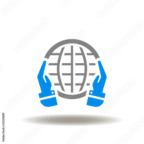 Vector illustration of hands palm give care a earth planet. Icon of charity, donation. Symbol of NGO Non-Governmental Organization.