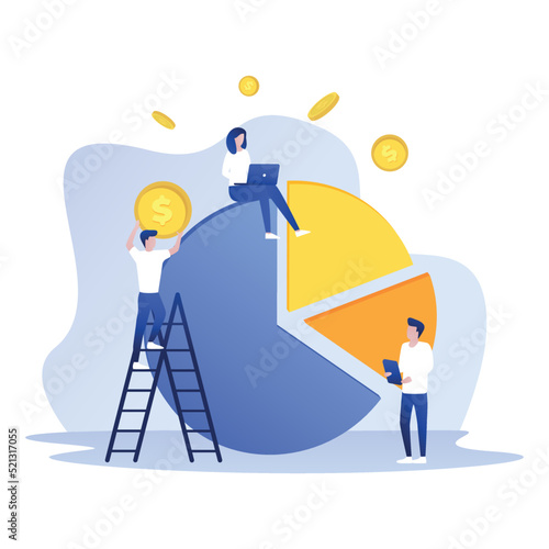 Business concept, People interacting with charts and analyzing statistics. money. Business analysis, Using pie diagrams. Data visualization concept. Vector illustration for web banner, mobile.