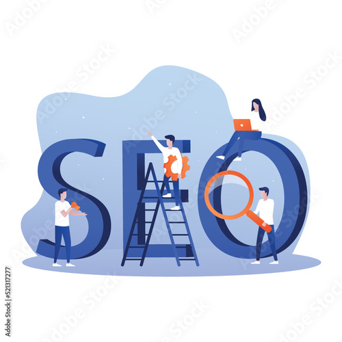 Vector big word SEO and people around search engine optimization business banner for design concept. Illustration for presentations on white background.