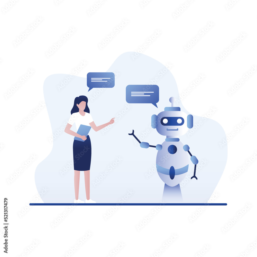 woman developing chat bot. AI simulating conversation with human users over internet vector illustration. Online talking with Robot. Virtual mobile application assistance flat style concept. woman developing chat bot. AI simulating conversation with human users over internet vector illustration. Online talking with Robot. Virtual mobile application assistance flat style concept.