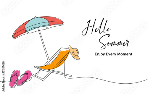 Continuous line drawing of summer vacation concept, sandy beach, beach umbrella, lounge chairs, straw hat and flip flops on tropical beach in single line doodle style. Editable strokes.