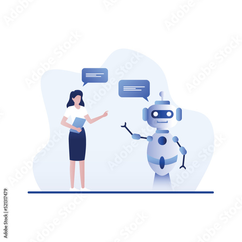 woman developing chat bot. AI simulating conversation with human users over internet vector illustration. Online talking with Robot. Virtual mobile application assistance flat style concept.