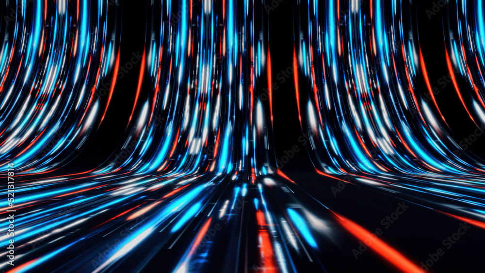 Photo & Art Print Neon streams move along curved trajectory on black ...