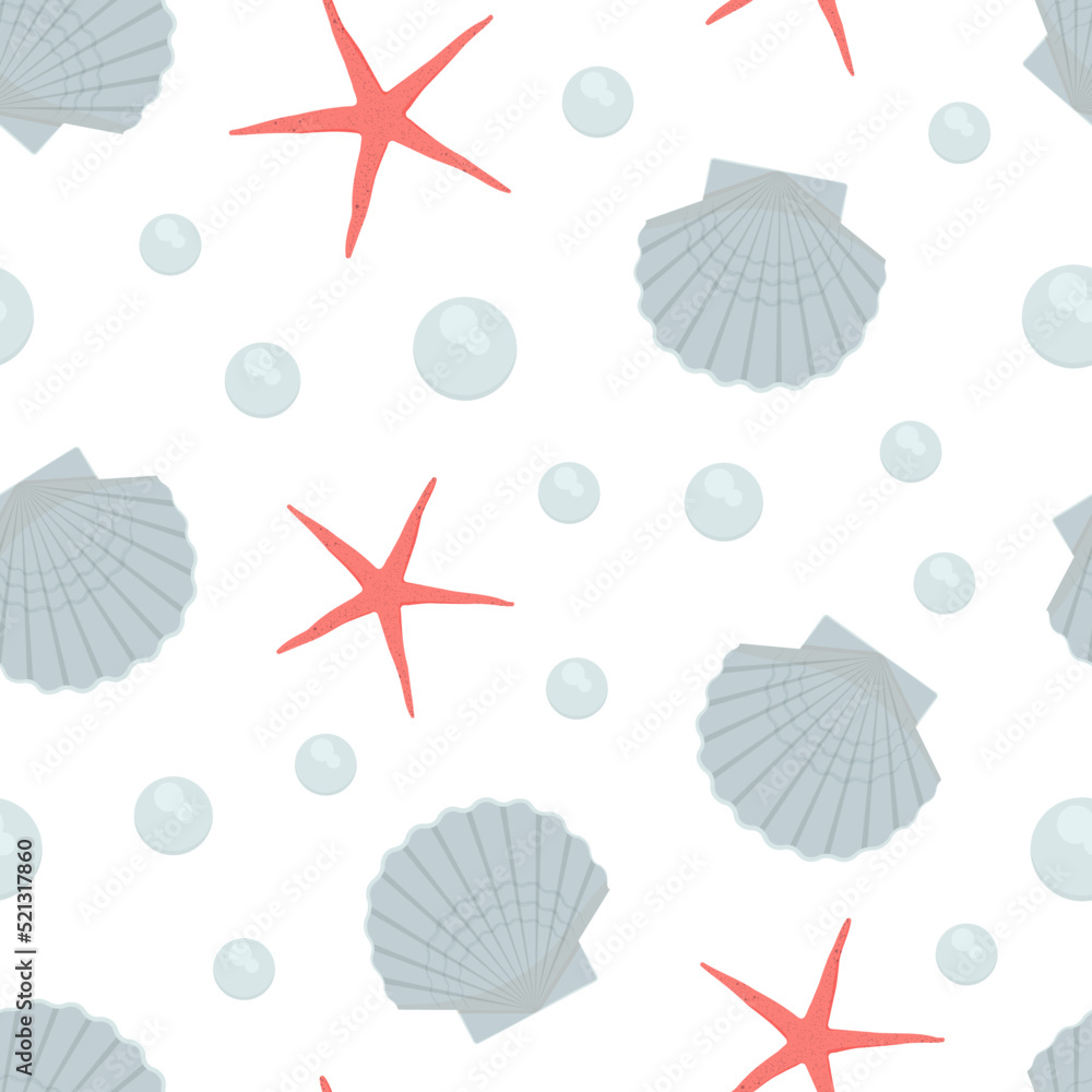 Sea life starfish and scallops seamless pattern