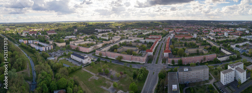 Panorama Stadtbild, Planstadt, Eisenhuettenstadt 2022, Luftaufnahme, Deutschland