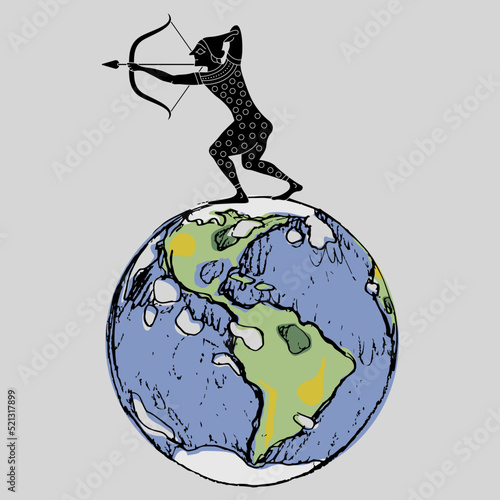 Ancient Greek archer with bow and arrow shooting from a planer Earth. Creative global concept. 