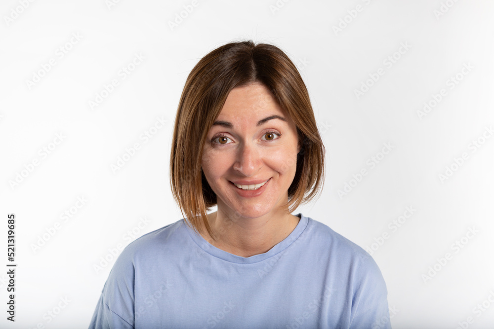 Close-up portrait of young beautiful cheerful woman isolated on white background Close-up portrait of young beautiful cheerful woman isolated on white background