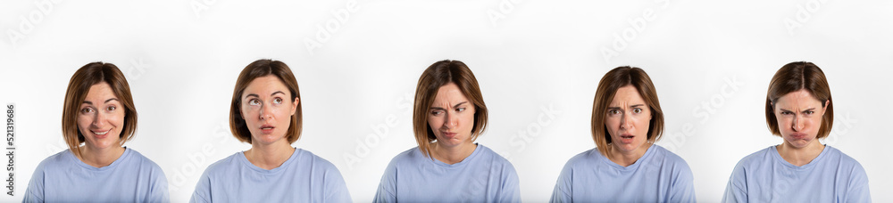 Collage of snapshots of young attractive woman with different emotions isolated on white background Collage of snapshots of young attractive woman with different emotions isolated on white background