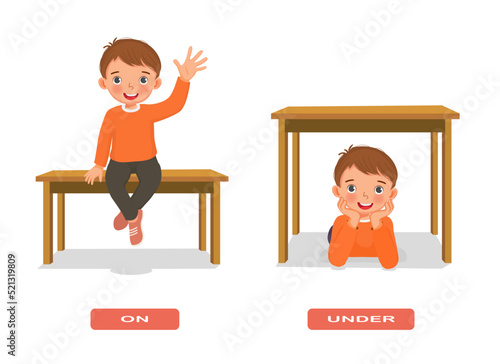 Preposition of place illustration little boy sitting on and under the table English vocabulary words flashcard set for education