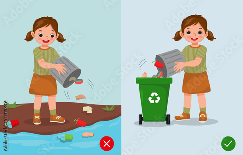 do not littering illustration girl right and wrong behavior throwing trash in rubbish bin and on the river