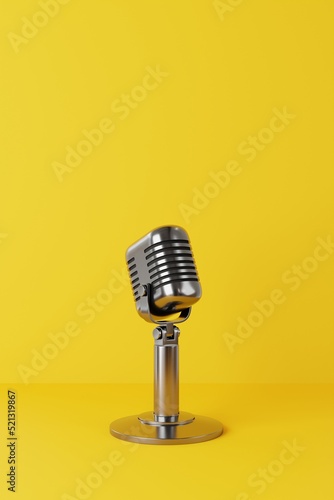 3D illustration, Retro Microphone on yellow background, Podcast Concept.