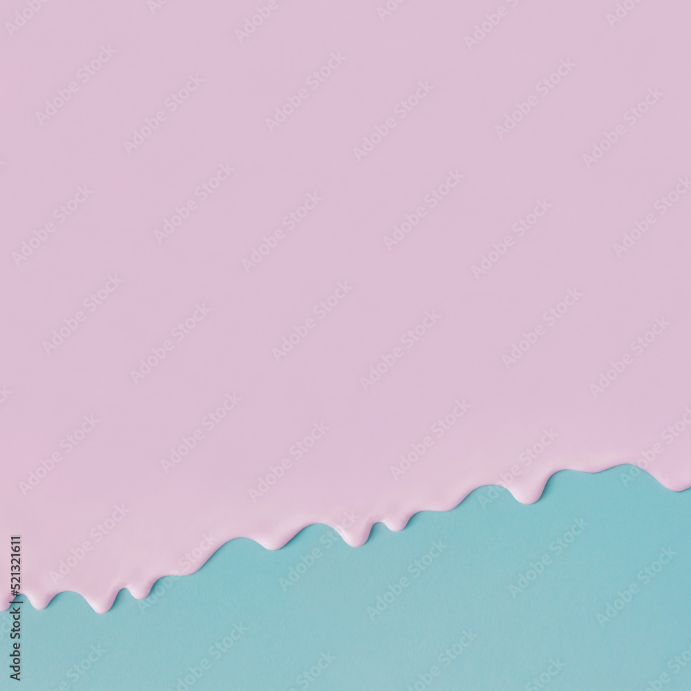 Abstract pink oil paint texture which is dripping, leaking and pouring on pastel blue canvas. Minimalistic background with copy space. Trendy collage, concept of creative art and minimal aesthetics Abstract pink oil paint texture which is dripping, leaking and pouring on pastel blue canvas. Minimalistic background with copy space. Trendy collage, concept of creative art and minimal aesthetics
