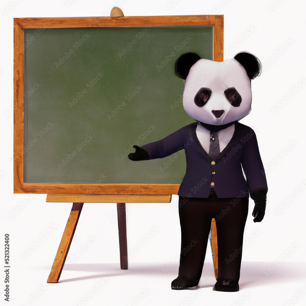 Cute panda teacher wearing a suit is pointing at a blackboard ...