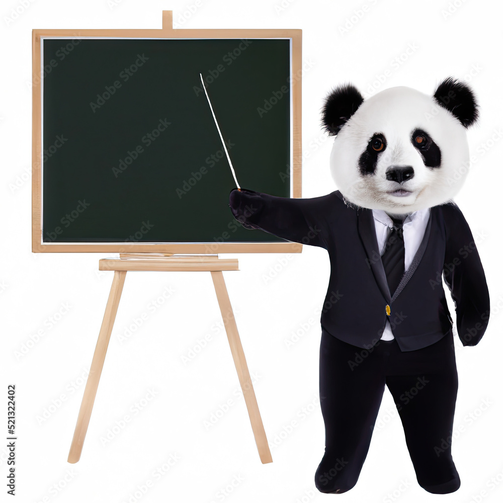 Cute panda teacher wearing a suit is pointing at a blackboard ...