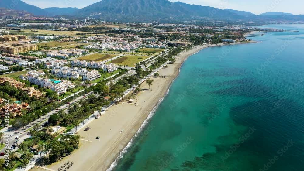 Aerial view of the coastline with beaches and resorts in San Pedro de Alcántara, Malaga, Spain. Aerial view of the coastline with beaches and resorts in San Pedro de Alcántara, Malaga, Spain.