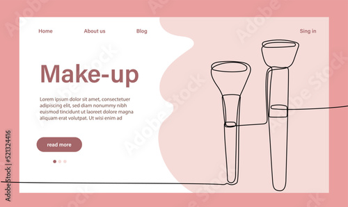 Make up artist web banner or landing page. Continuous drawing of one line of professional tools of a beauty procedure. Apply makeup with a brush. Outline vector illustration.