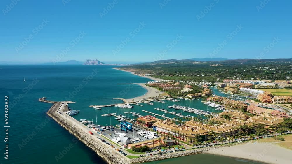 Aerial view of the coastline with the harbour in Sotogrande, Cadiz, Spain. Aerial view of the coastline with the harbour in Sotogrande, Cadiz, Spain.