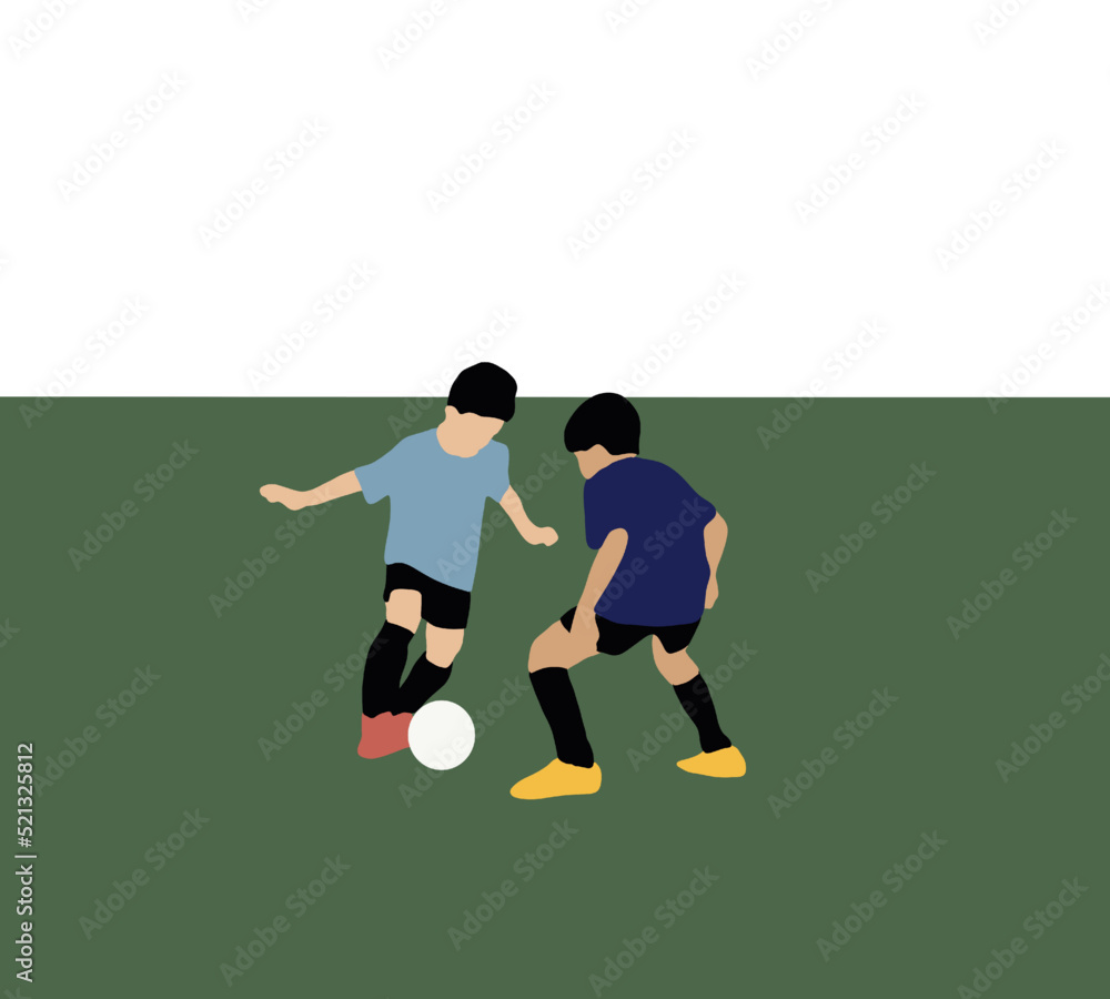 Two boys football players kicking football match game on soccer field. Tournament Match. Sports Competition for Youth Athletes.